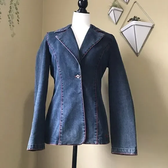 Fitted Collared One Button Denim Blazer/Jacket - Picture 2 of 8